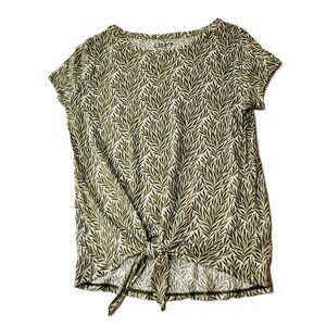 Loft 100% Linen Top Green Leaf All Over Print Pullover Tie Front Size M
